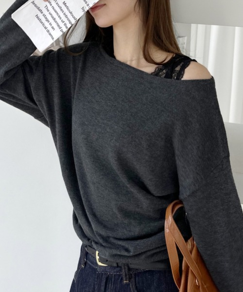 Ada.(エイダ)の「2WAY レースレイヤード風 ニット プルオーバー(ニット/セーター・レディース・アイボリー/チャコール/グレー・FREE)」の5枚目の写真