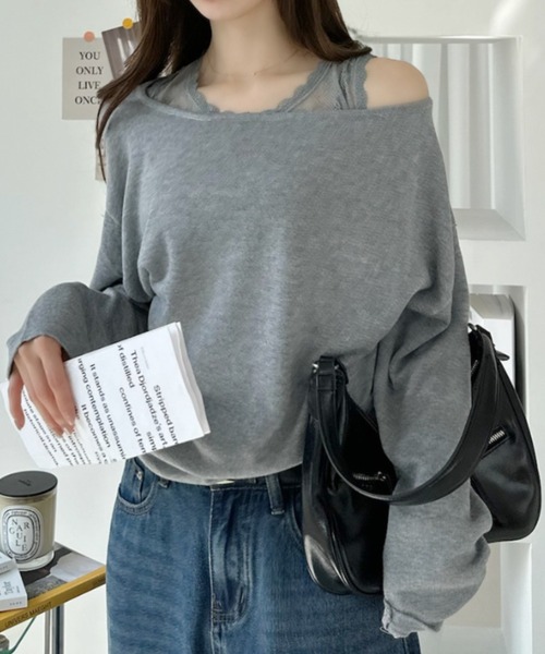 Ada.(エイダ)の「2WAY レースレイヤード風 ニット プルオーバー(ニット/セーター・レディース・アイボリー/チャコール/グレー・FREE)」の16枚目の写真