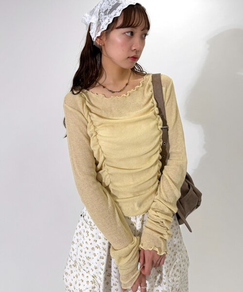 w closet(ダブルクローゼット)の「フロントギャザープルオーバー(Tシャツ/カットソー・レディース・オフホワイト/ピンク/ブラウン/イエロー・FREE)」の3枚目の写真