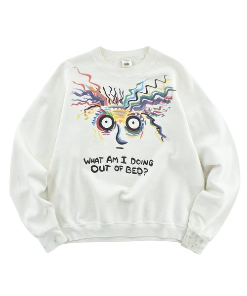 FRUIT OF THE LOOM(フルーツオブザルーム)の「【USED】90’s FRUIT OF THE LOOM “What Am I Doing Out Of Bed” アート スウェット USA製(スウェット・メンズ・ホワイト・LARGE)」の1枚目の写真