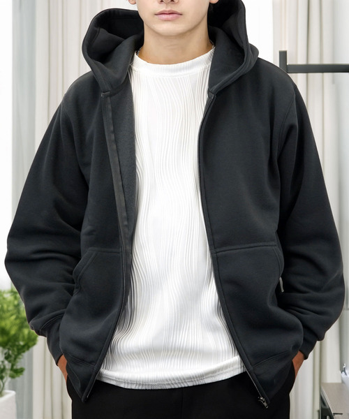 Ammie（アミー）の「無地 ジップパーカー 裏起毛 長袖パーカー 羽織り（パーカー・メンズ・杢グレー/ブラック系/ブラック・M/L/LL）」の17枚目の写真