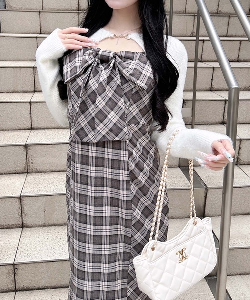セール】ニットカーディガン＋チェックロングワンピースセット