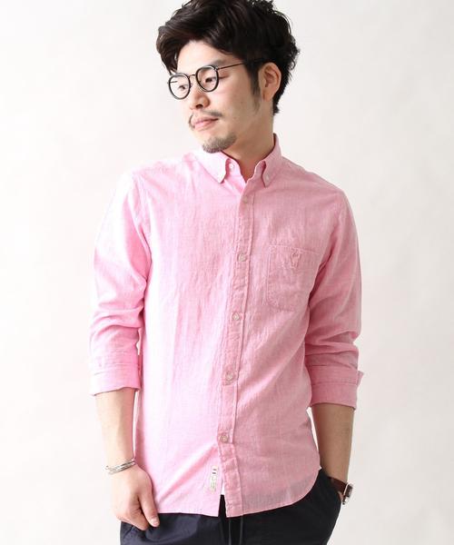 coen(コーエン)の「フレンチリネン×コットンシャンブレーボタンダウンシャツ(シャツ/ブラウス・メンズ・ピンク/ネイビー/クリーム/ホワイト・X-LARGE/MEDIUM/LARGE/SMALL)」の4枚目の写真