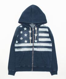 カットデニム星条旗プリントジップアップパーカー