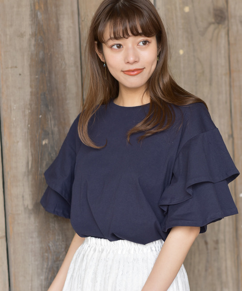 rps（アールピーエス）の「袖２段フリルカットプルオーバー（Tシャツ/カットソー・レディース・ブラック/ネイビー/オフホワイト/イエロー/杢グレー/ピンクベージュ/ダークグリーン・M）」の5枚目の写真
