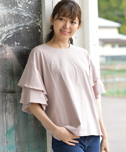 rps（アールピーエス）の「袖２段フリルカットプルオーバー（Tシャツ/カットソー・レディース・ブラック/ネイビー/オフホワイト/イエロー/杢グレー/ピンクベージュ/ダークグリーン・M）」の7枚目の写真