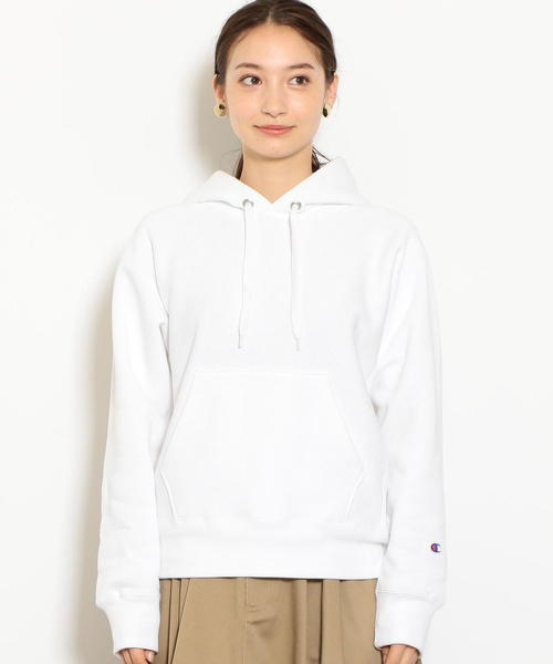 Champion（チャンピオン）の「［別注チャンピオン］SC Champion×GLR Reverse Weave フード ロゴ パーカー ◆（パーカー・レディース・ホワイト/ブラック・M）」の4枚目の写真