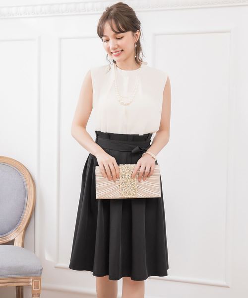 DRESS STAR(ドレス スター)の「結婚式ワンピースプチハイネックタックブラウス×ウエストリボンAラインスカートのセットアップ(セットアップ・レディース・ブラック/ベージュ/ネイビー/グレー/ピンク・XXXL/S/M/L/XL/XXL)」の1枚目の写真
