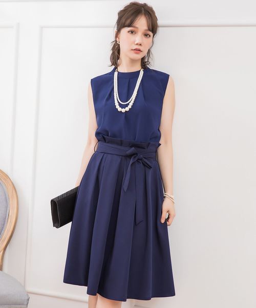 DRESS STAR(ドレス スター)の「結婚式ワンピースプチハイネックタックブラウス×ウエストリボンAラインスカートのセットアップ(セットアップ・レディース・ブラック/ベージュ/ネイビー/グレー/ピンク・XXXL/S/M/L/XL/XXL)」の4枚目の写真