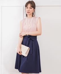 結婚式ワンピースプチハイネックタックブラウス×ウエストリボンAラインスカートのセットアップ