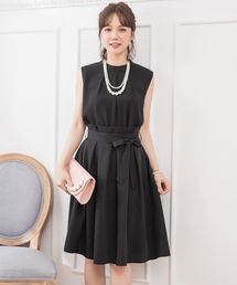 結婚式ワンピースプチハイネックタックブラウス×ウエストリボンAラインスカートのセットアップ