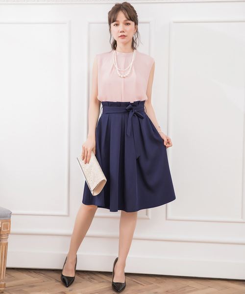 DRESS STAR(ドレス スター)の「結婚式ワンピースプチハイネックタックブラウス×ウエストリボンAラインスカートのセットアップ(セットアップ・レディース・ブラック/ベージュ/ネイビー/グレー/ピンク・XXXL/S/M/L/XL/XXL)」の6枚目の写真