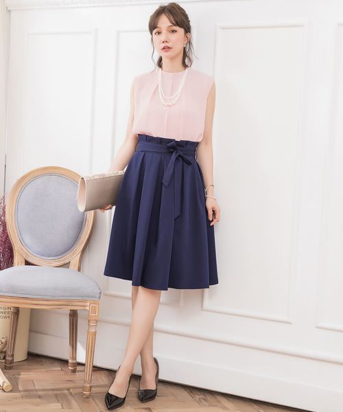 DRESS STAR(ドレス スター)の「結婚式ワンピースプチハイネックタックブラウス×ウエストリボンAラインスカートのセットアップ(セットアップ・レディース・ブラック/ベージュ/ネイビー/グレー/ピンク・XXXL/S/M/L/XL/XXL)」の8枚目の写真