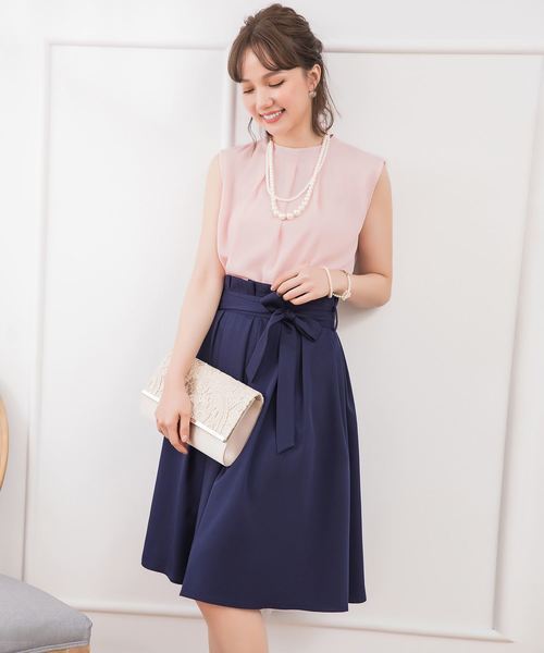 DRESS STAR(ドレス スター)の「結婚式ワンピースプチハイネックタックブラウス×ウエストリボンAラインスカートのセットアップ(セットアップ・レディース・ブラック/ベージュ/ネイビー/グレー/ピンク・XXXL/S/M/L/XL/XXL)」の9枚目の写真