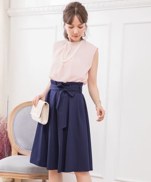 DRESS STAR(ドレス スター)の「結婚式ワンピースプチハイネックタックブラウス×ウエストリボンAラインスカートのセットアップ(セットアップ・レディース・ブラック/ベージュ/ネイビー/グレー/ピンク・XXXL/S/M/L/XL/XXL)」の10枚目の写真