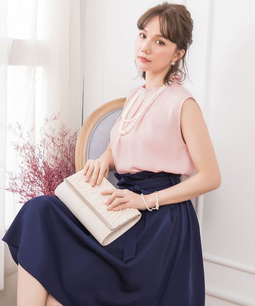 DRESS STAR(ドレス スター)の「結婚式ワンピースプチハイネックタックブラウス×ウエストリボンAラインスカートのセットアップ(セットアップ・レディース・ブラック/ベージュ/ネイビー/グレー/ピンク・XXXL/S/M/L/XL/XXL)」の12枚目の写真