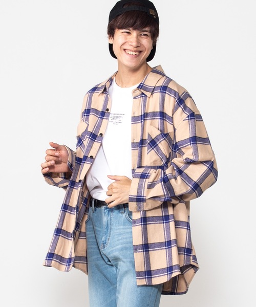 WEGO(ウィゴー)の「WEGO/チェックネルビッグシルエットシャツ(シャツ/ブラウス・メンズ・ベージュ/ネイビー/ダークグリーン/ワイン/ベージュ系その他/ブラック/グリーン・SMALL/MEDIUM/LARGE)」の3枚目の写真