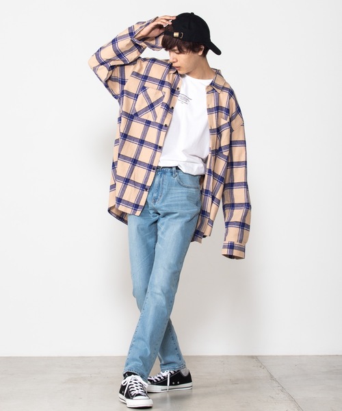 WEGO(ウィゴー)の「WEGO/チェックネルビッグシルエットシャツ(シャツ/ブラウス・メンズ・ベージュ/ネイビー/ダークグリーン/ワイン/ベージュ系その他/ブラック/グリーン・SMALL/MEDIUM/LARGE)」の21枚目の写真