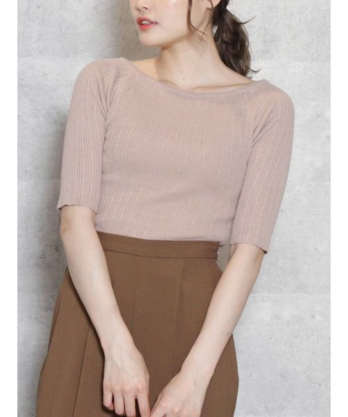 dazzlin（ダズリン）の「ボートネックイレリブハーフスリーブニットトップス（ニット/セーター・レディース・オフホワイト/ピンク/グリーン/ブラウン・FREE）」の4枚目の写真