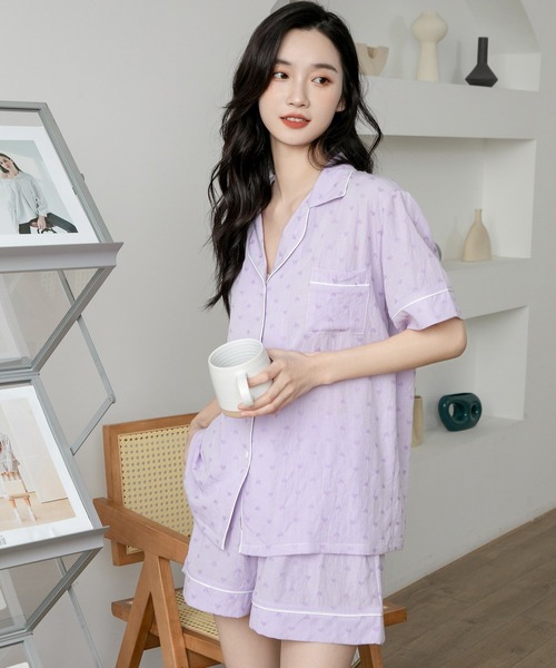 DAY CLOSET（デイ クローゼット）の「レディース レトロチェック柄半袖パジャマルームウェア 上下2点セット（ルームウェア/パジャマ・レディース・グリーン/イエロー/レッド/パープル/ブラウン・M/L）」の6枚目の写真