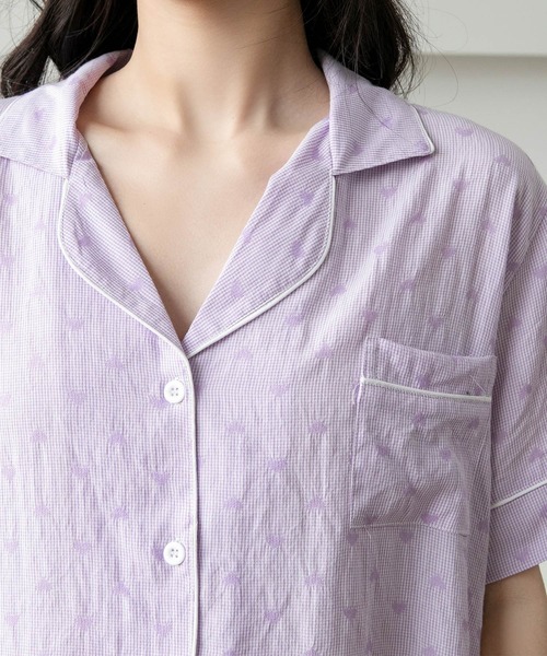 レディース レトロチェック柄半袖パジャマルームウェア 上下2点セット