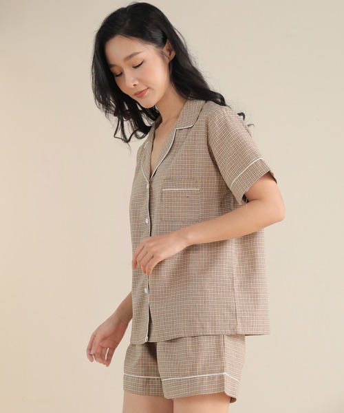 DAY CLOSET（デイ クローゼット）の「レディース レトロチェック柄半袖パジャマルームウェア 上下2点セット（ルームウェア/パジャマ・レディース・グリーン/イエロー/レッド/パープル/ブラウン・M/L）」の11枚目の写真