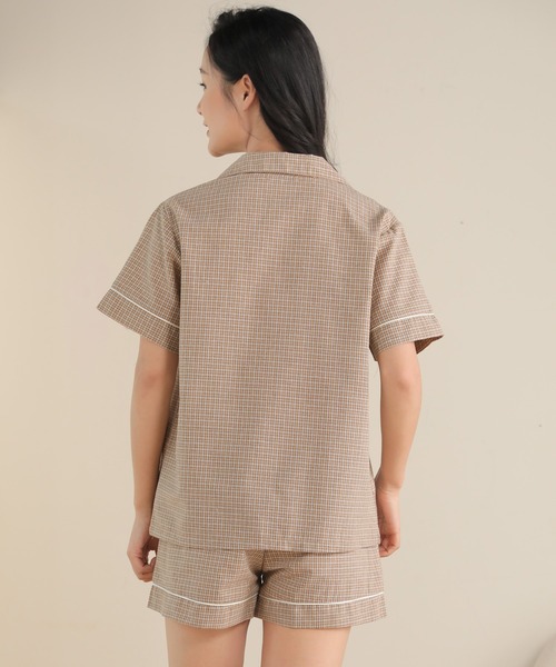 レディース レトロチェック柄半袖パジャマルームウェア 上下2点セット