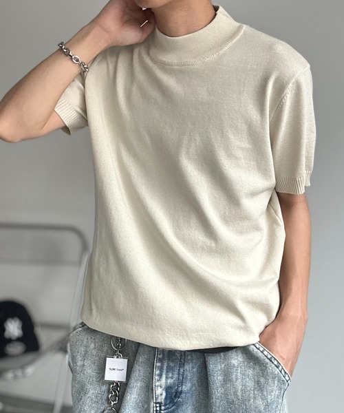 CREARE -LINO-(クレアーレリノ)の「モックネックベーシックニットプルオーバー/半袖ニット(Tシャツ/カットソー・メンズ・ホワイト/チャコールグレー/ブラック/サックスブルー/モカ/グレー/ブラウン/ベージュ/ブラック系その他・MEDIUM/LARGE/L/M)」の19枚目の写真