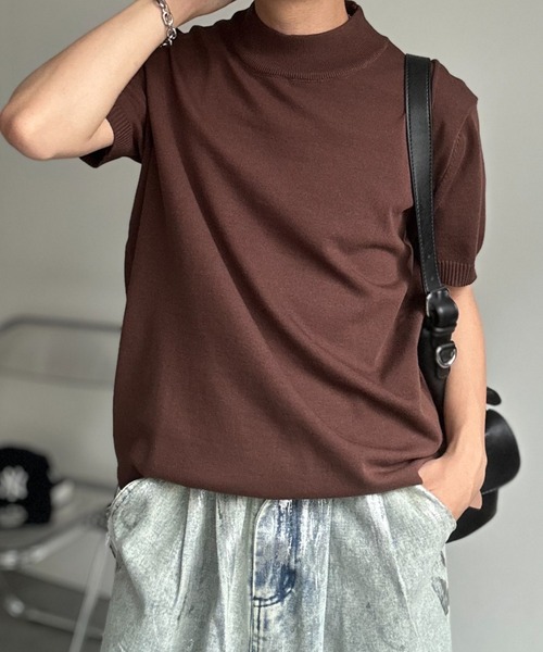 CREARE -LINO-(クレアーレリノ)の「モックネックベーシックニットプルオーバー/半袖ニット(Tシャツ/カットソー・メンズ・ホワイト/チャコールグレー/ブラック/サックスブルー/モカ/グレー/ブラウン/ベージュ/ブラック系その他・MEDIUM/LARGE/L/M)」の13枚目の写真