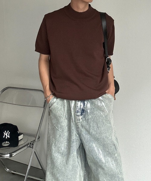 CREARE -LINO-(クレアーレリノ)の「モックネックベーシックニットプルオーバー/半袖ニット(Tシャツ/カットソー・メンズ・ホワイト/チャコールグレー/ブラック/サックスブルー/モカ/グレー/ブラウン/ベージュ/ブラック系その他・MEDIUM/LARGE/L/M)」の14枚目の写真