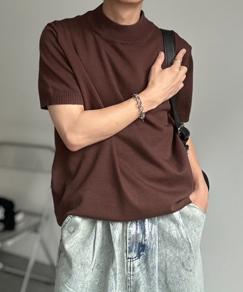 CREARE -LINO-(クレアーレリノ)の「モックネックベーシックニットプルオーバー/半袖ニット(Tシャツ/カットソー・メンズ・ホワイト/チャコールグレー/ブラック/サックスブルー/モカ/グレー/ブラウン/ベージュ/ブラック系その他・MEDIUM/LARGE/L/M)」の15枚目の写真