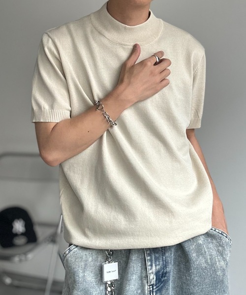 CREARE -LINO-(クレアーレリノ)の「モックネックベーシックニットプルオーバー/半袖ニット(Tシャツ/カットソー・メンズ・ホワイト/チャコールグレー/ブラック/サックスブルー/モカ/グレー/ブラウン/ベージュ/ブラック系その他・MEDIUM/LARGE/L/M)」の12枚目の写真