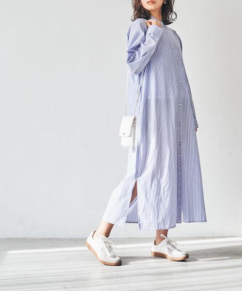 coen（コーエン）の「コットンブレンドバンドカラーシャツワンピース（シャツワンピース・レディース・オフホワイト/ダークグレー/コバルトブルー・MEDIUM/LARGE）」の3枚目の写真