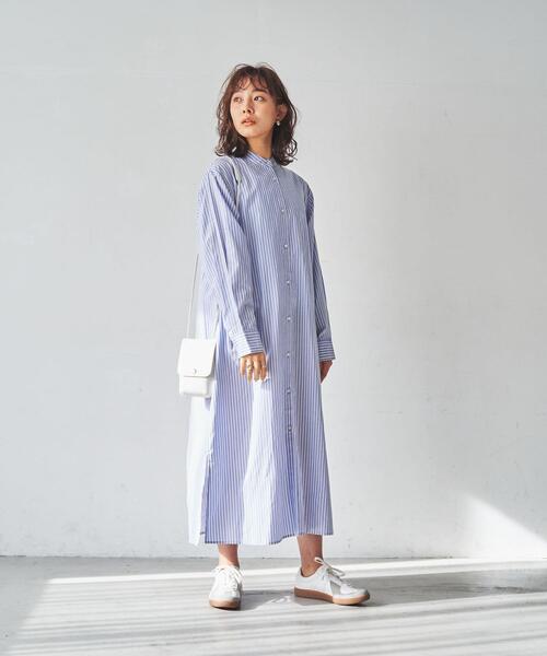 coen（コーエン）の「コットンブレンドバンドカラーシャツワンピース（シャツワンピース・レディース・オフホワイト/ダークグレー/コバルトブルー・MEDIUM/LARGE）」の4枚目の写真