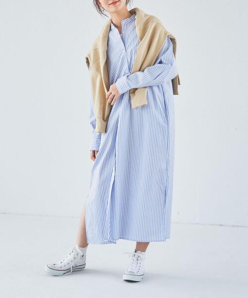 coen（コーエン）の「コットンブレンドバンドカラーシャツワンピース（シャツワンピース・レディース・オフホワイト/ダークグレー/コバルトブルー・MEDIUM/LARGE）」の11枚目の写真