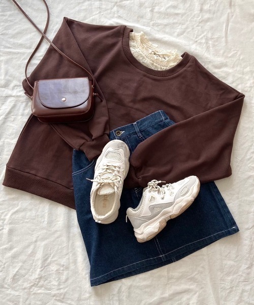 セール コーデ完成 全身コーデ3点セット ゆるだぼスウェット レーストップス 半袖 細見え膝丈デニムスカート スウェット Cham チャム のファッション通販 Zozotown