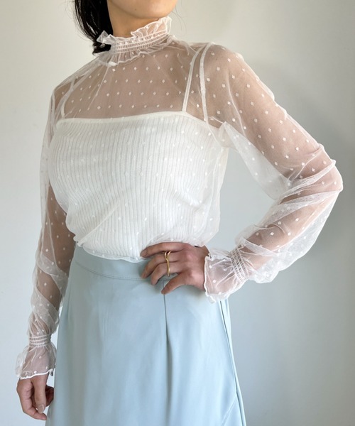 CLEA(クレア)の「フリルネックシアードットブラウス(シャツ/ブラウス・レディース・ホワイト/ブラック/アイボリー・FREE)」の4枚目の写真