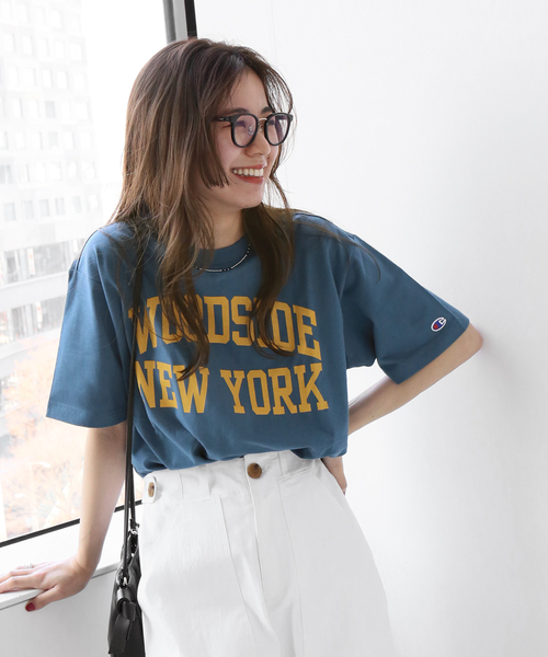 Champion(チャンピオン)の「別注【CHAMPION】*RELUME 20s/1 USA Cotton Jersey:ロゴTシャツ(Tシャツ/カットソー・レディース・ネイビー系2/ホワイト/ベージュ/グリーン・LARGE)」の4枚目の写真