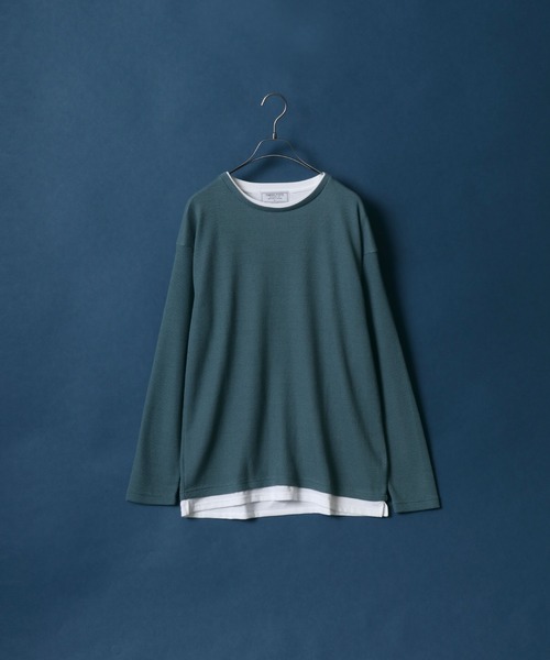 ANPAS(アンパス)の「Moss stitch & Interlock Fake Layered T-Shirt/鹿の子&スムース フェイクレイヤード Tシャツ(Tシャツ/カットソー・メンズ・グリーン/スミクロ/グレイッシュベージュ/グレイッシュブルー/モカ/ブルー/グレー系その他/ブラック系その他・LL/M/L)」の6枚目の写真