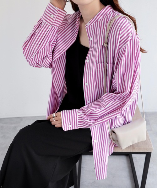 カラーストライプ長袖バンドカラーシャツブラウス