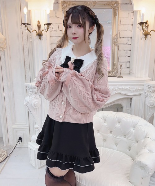 MA＊RS レースカーディガン ピンク MA*RS（アメーバーマーズ）の「レースアップ袖ケーブルニット