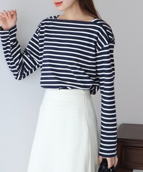 BLUEEAST（ブルーイースト）の「スクエアネックボーダーロンT（Tシャツ/カットソー・レディース・ホワイト/ベージュ/ネイビー/レッド・MEDIUM）」の3枚目の写真