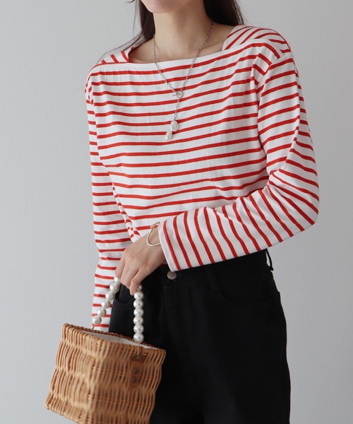 BLUEEAST（ブルーイースト）の「スクエアネックボーダーロンT（Tシャツ/カットソー・レディース・ホワイト/ベージュ/ネイビー/レッド・MEDIUM）」の4枚目の写真