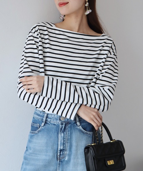 BLUEEAST（ブルーイースト）の「スクエアネックボーダーロンT（Tシャツ/カットソー・レディース・ホワイト/ベージュ/ネイビー/レッド・MEDIUM）」の2枚目の写真