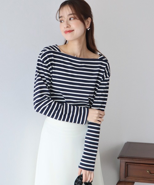 BLUEEAST（ブルーイースト）の「スクエアネックボーダーロンT（Tシャツ/カットソー・レディース・ホワイト/ベージュ/ネイビー/レッド・MEDIUM）」の5枚目の写真