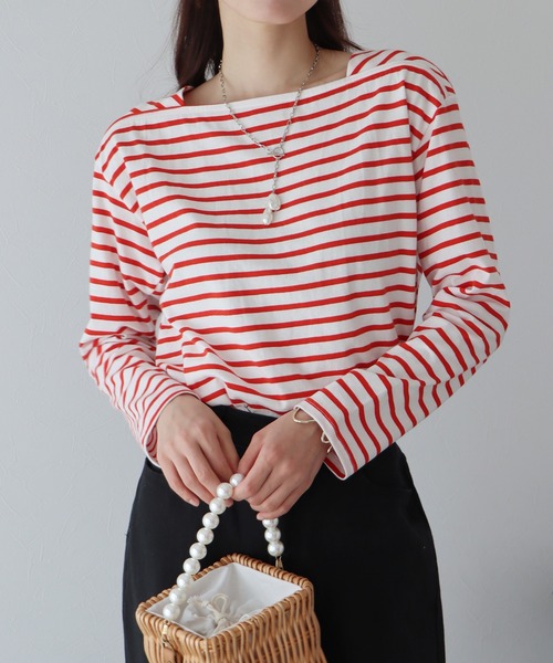 BLUEEAST（ブルーイースト）の「スクエアネックボーダーロンT（Tシャツ/カットソー・レディース・ホワイト/ベージュ/ネイビー/レッド・MEDIUM）」の7枚目の写真