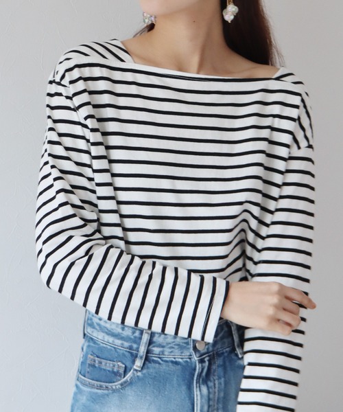 BLUEEAST（ブルーイースト）の「スクエアネックボーダーロンT（Tシャツ/カットソー・レディース・ホワイト/ベージュ/ネイビー/レッド・MEDIUM）」の8枚目の写真