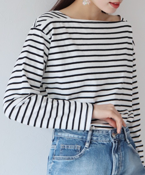 BLUEEAST（ブルーイースト）の「スクエアネックボーダーロンT（Tシャツ/カットソー・レディース・ホワイト/ベージュ/ネイビー/レッド・MEDIUM）」の9枚目の写真