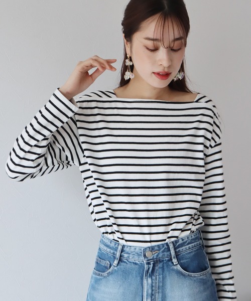 BLUEEAST（ブルーイースト）の「スクエアネックボーダーロンT（Tシャツ/カットソー・レディース・ホワイト/ベージュ/ネイビー/レッド・MEDIUM）」の10枚目の写真