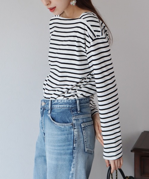 BLUEEAST（ブルーイースト）の「スクエアネックボーダーロンT（Tシャツ/カットソー・レディース・ホワイト/ベージュ/ネイビー/レッド・MEDIUM）」の12枚目の写真